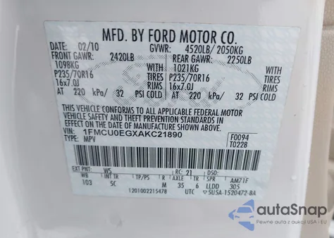 2010 Ford Escape Limited from USA, damaged, VIN 1FMCU0EGXAKC21890